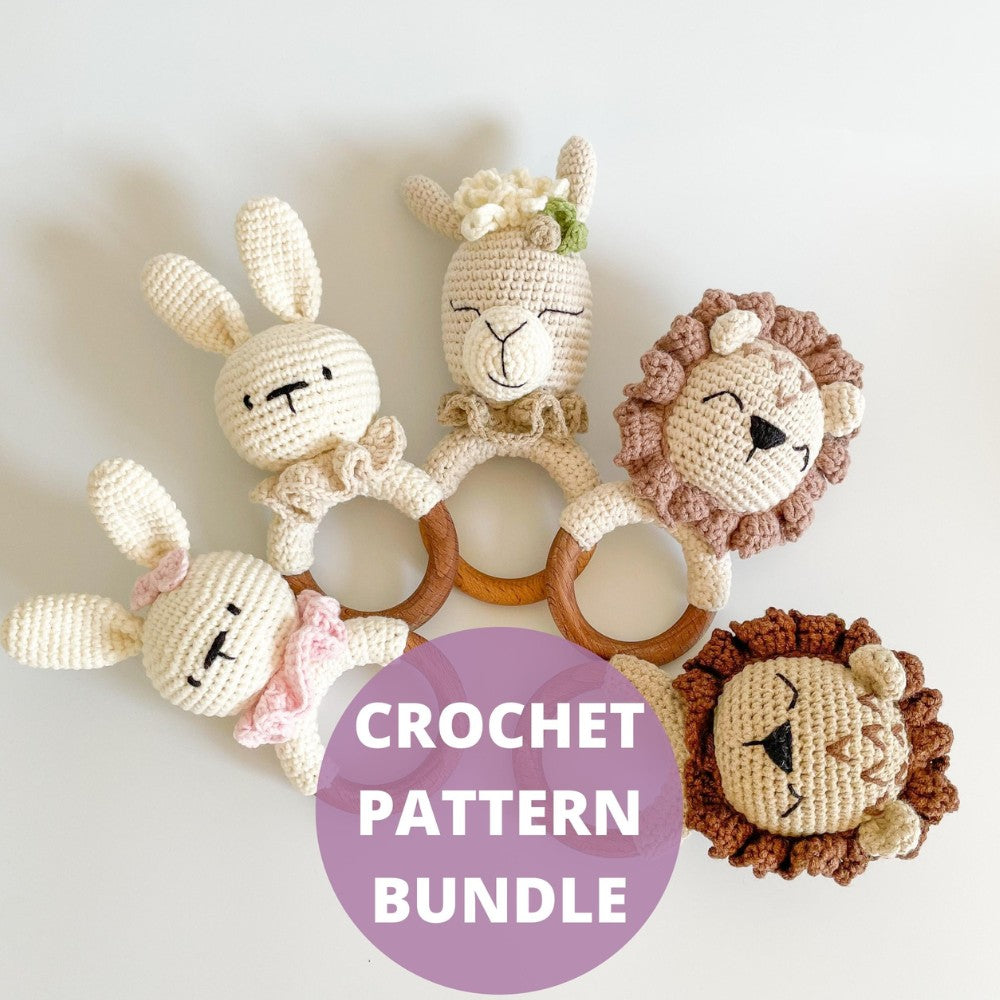 Set of Amigurumi Baby Rattle Patterns Bunny, Lion, Llama