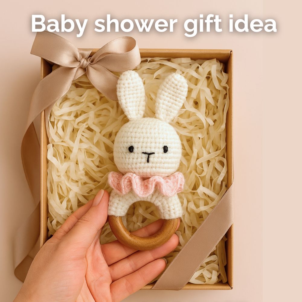 Crochet bunny rattle PDF pattern in gift box – handmade baby shower idea.