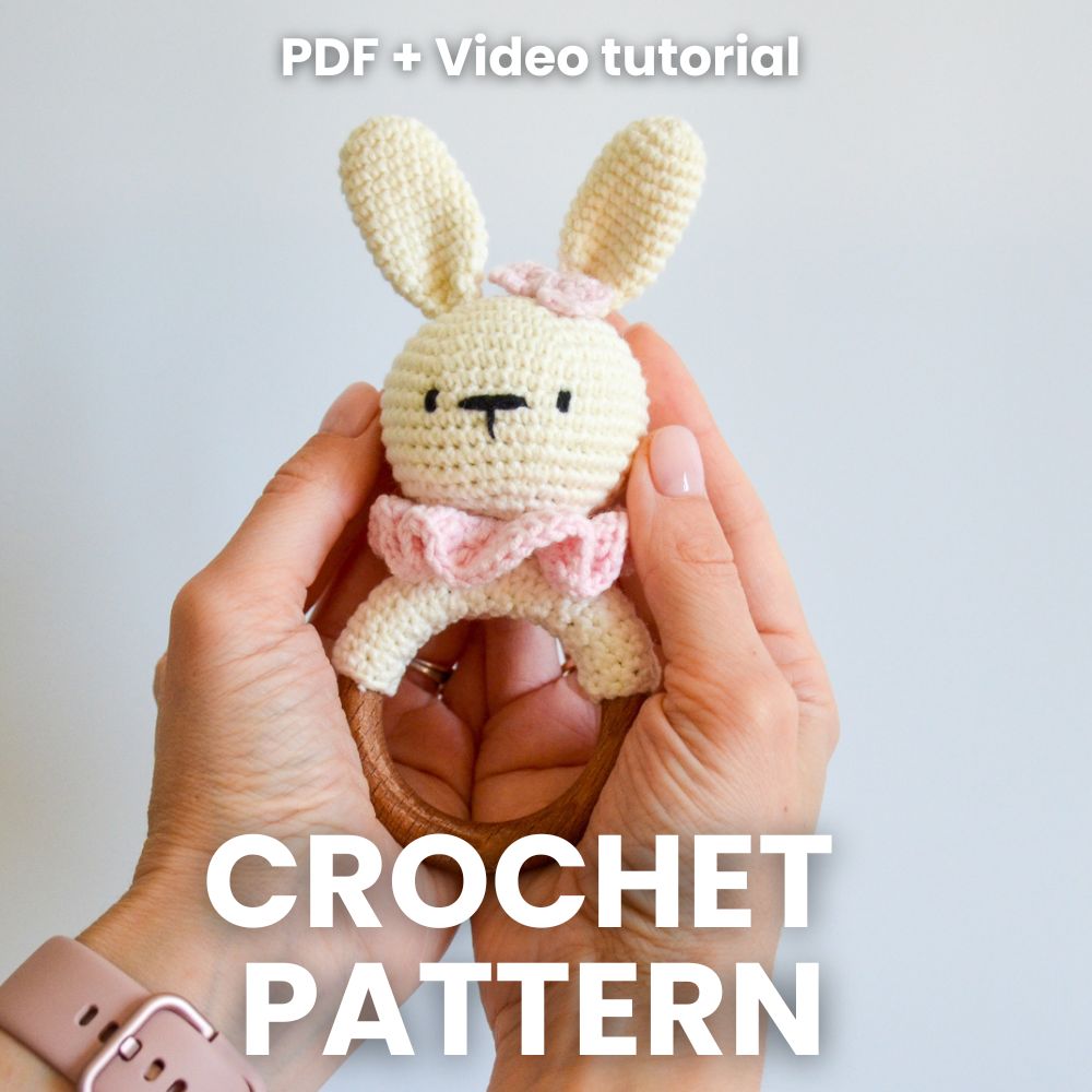 Crochet bunny rattle with floral decor – amigurumi pattern PDF