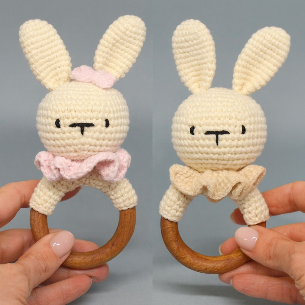 Two handmade crochet bunny rattles PDF pattern – teething toy idea