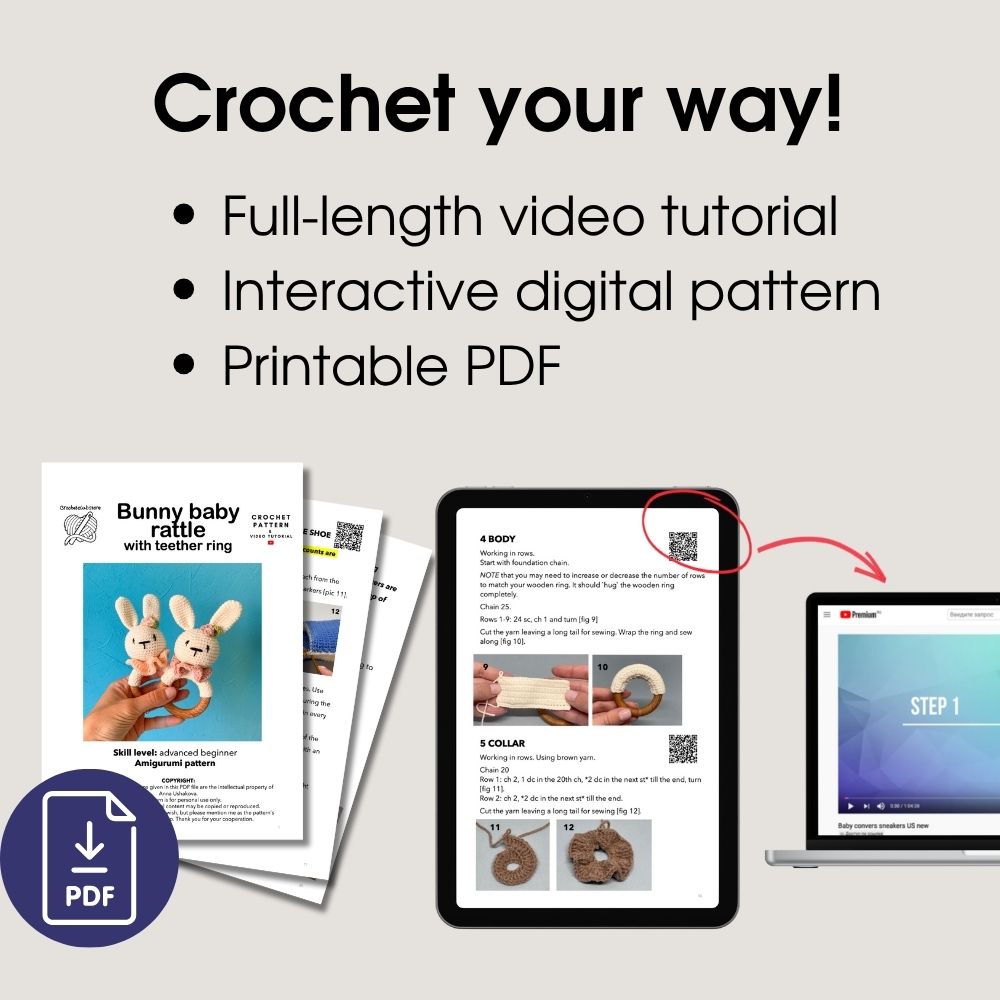 Interactive crochet bunny rattle pattern with video tutorial