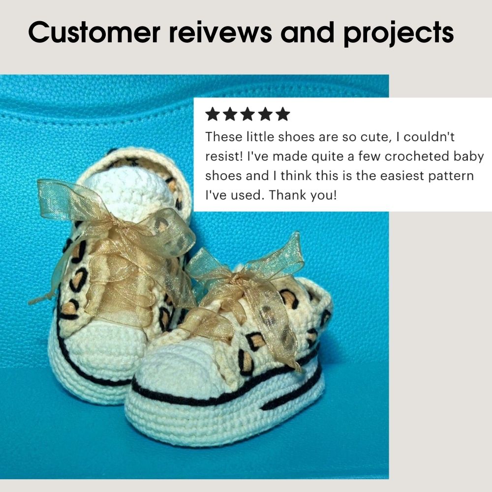 Customer project photo – leopard print crochet baby shoes with 5 star review