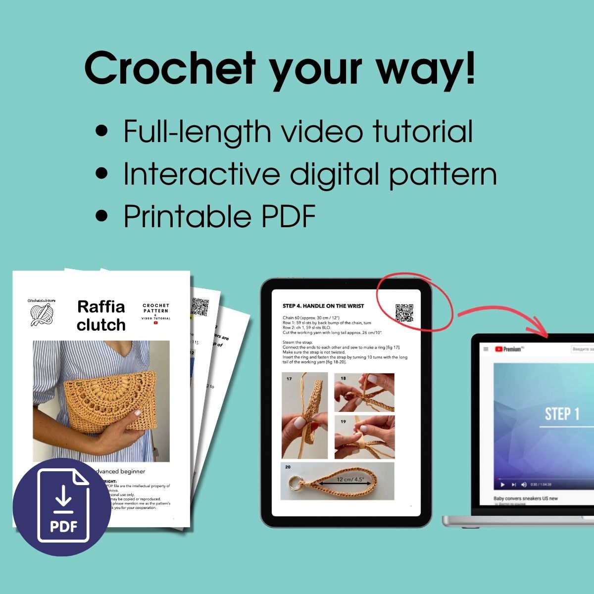 Easy crochet clutch bag pattern, raffia purse