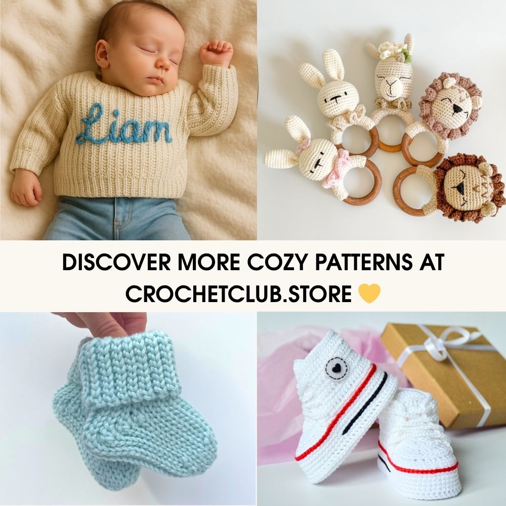 Collage of Crochetclubstore patterns – Fluffy Cat, Lovey, Booties, Bags, cozy beige style.