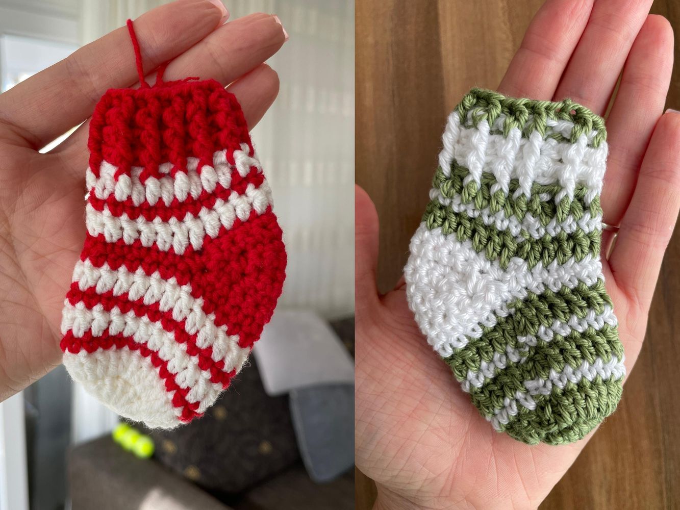 Crochet Christmas decorations patterns, mini socks, mittens