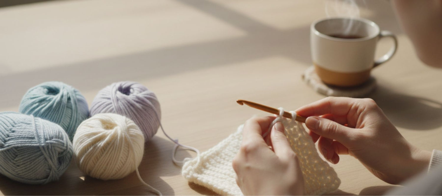 Woman crocheting with soft pastel yarn balls on a wooden table, warm winter light, cozy handmade atmosphere — banner for Warm Winter Crochet Collection