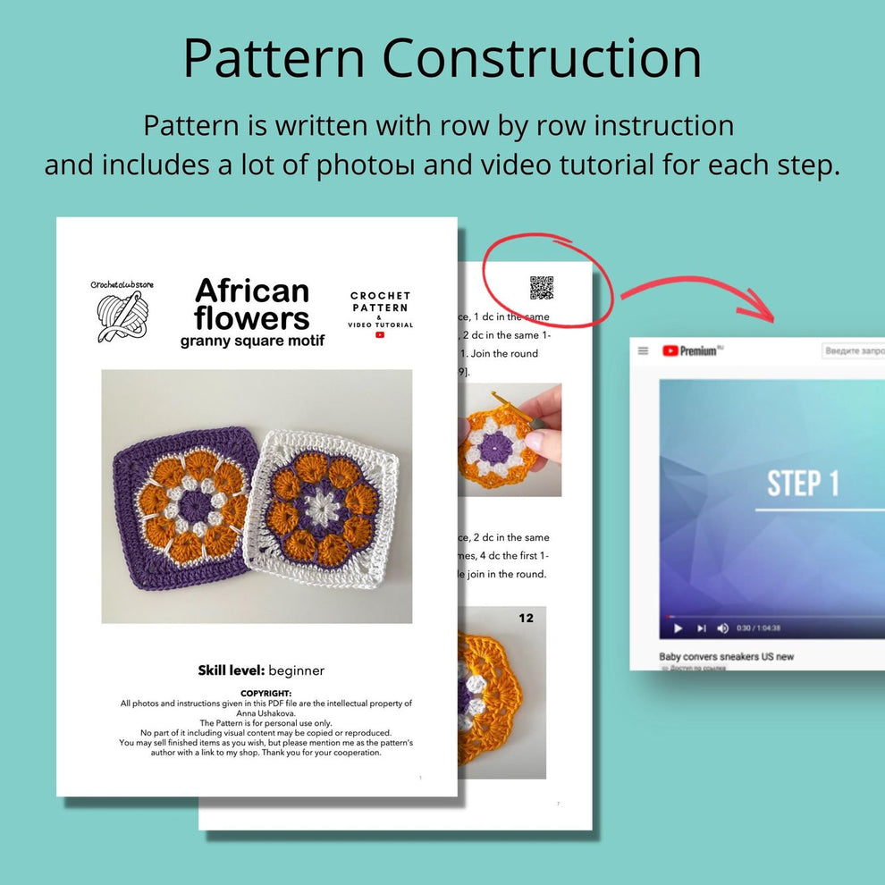 Granny square African flower crochet pattern CrochetClubStore