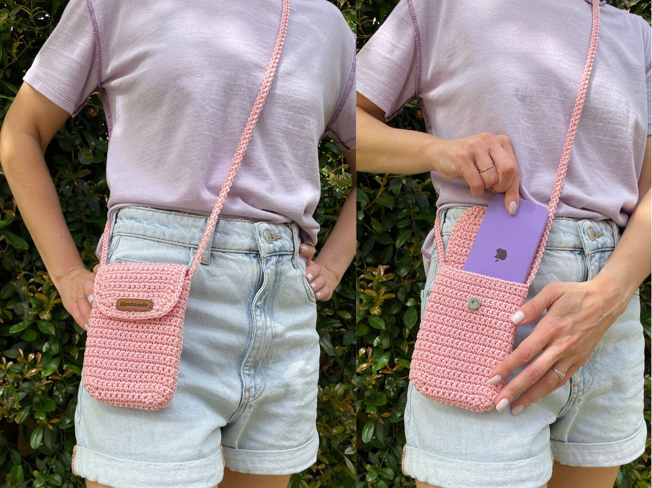 Crochet phone bag pouch pattern, raffia mini crossbody bag