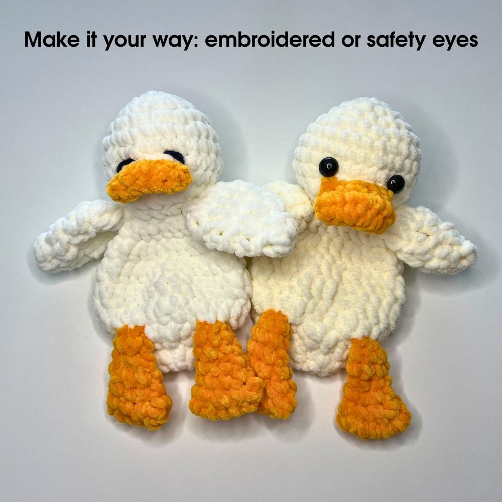 Crochet duck lovey with embroidered and safety eyes – customizable plush toy pattern
