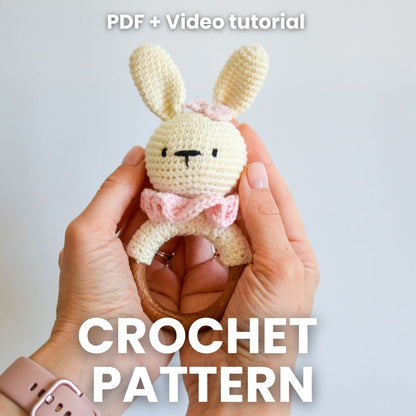 Crochet bunny rattle with floral decor – amigurumi pattern PDF