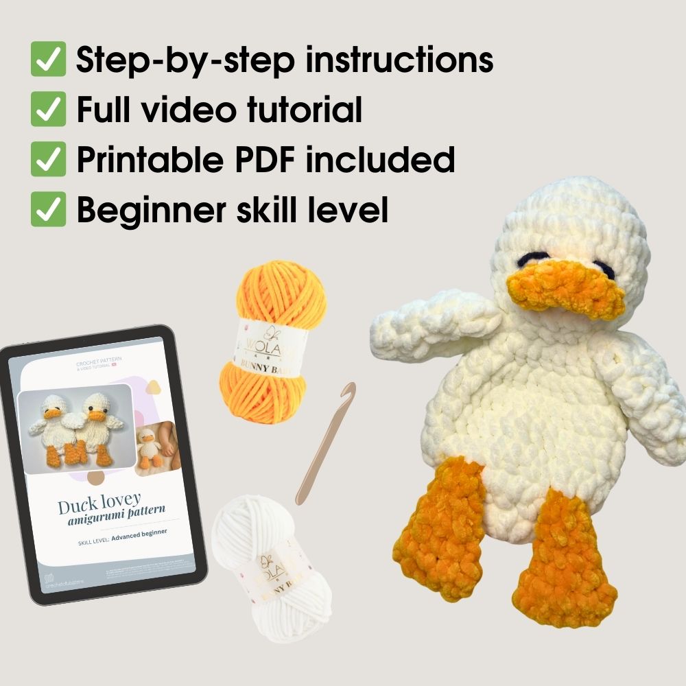 Crochet pattern bundle – plush duck lovey PDF, video tutorial, yarn and tools for beginners