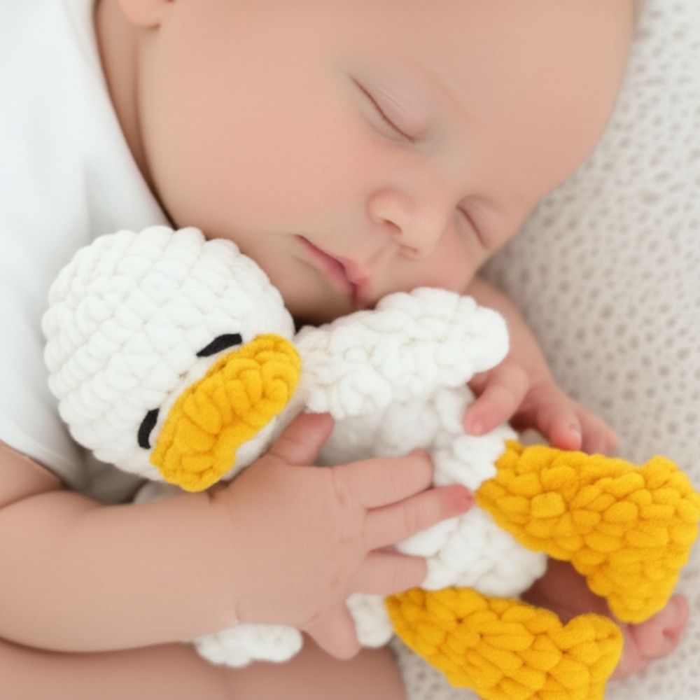 Newborn sleeping with plush crochet duck – handmade baby shower gift idea