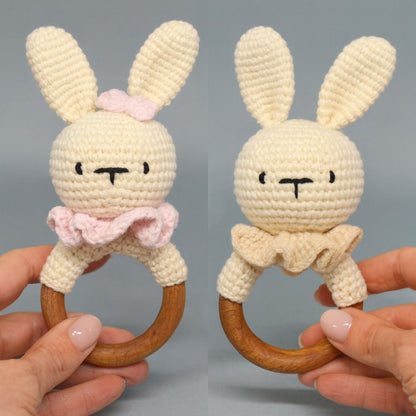 Two handmade crochet bunny rattles PDF pattern – teething toy idea