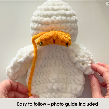 Step-by-step crochet duck pattern – photo tutorial showing beak assembly