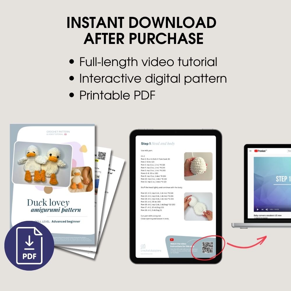 Instant download crochet duck pattern – PDF, step guide and full-length video included