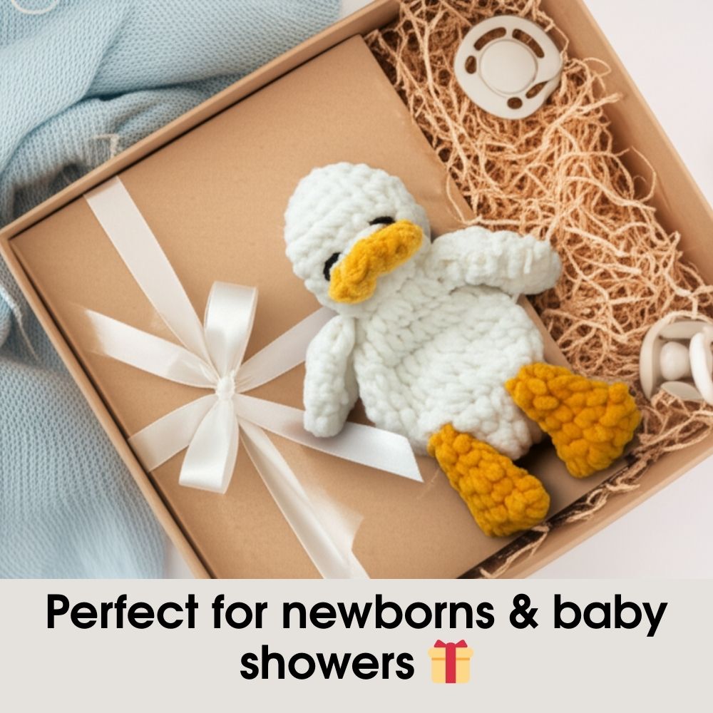 Plush crochet duck in baby gift box – perfect handmade newborn or shower present