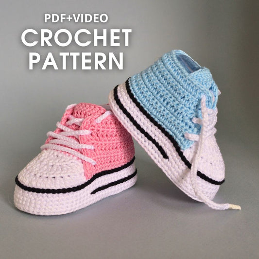 Baby Converse-Inspired Crochet Pattern PDF + Video Tutorial – Step-by-step instructions for cute baby booties in blue and pink yarn.