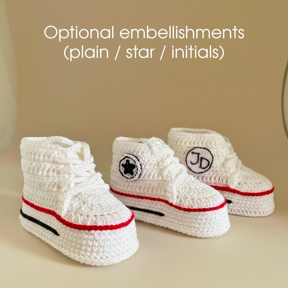 3 crochet baby sneaker embellishment options in one pattern