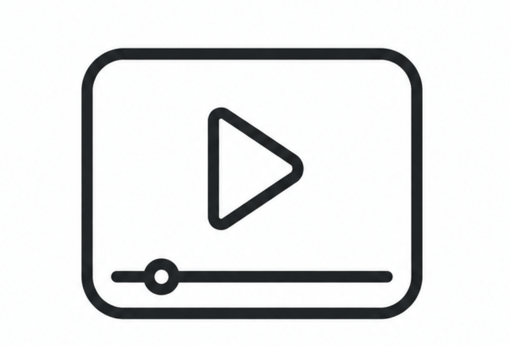 Icon of a video player with text 'Step-by-step video included' on a white background