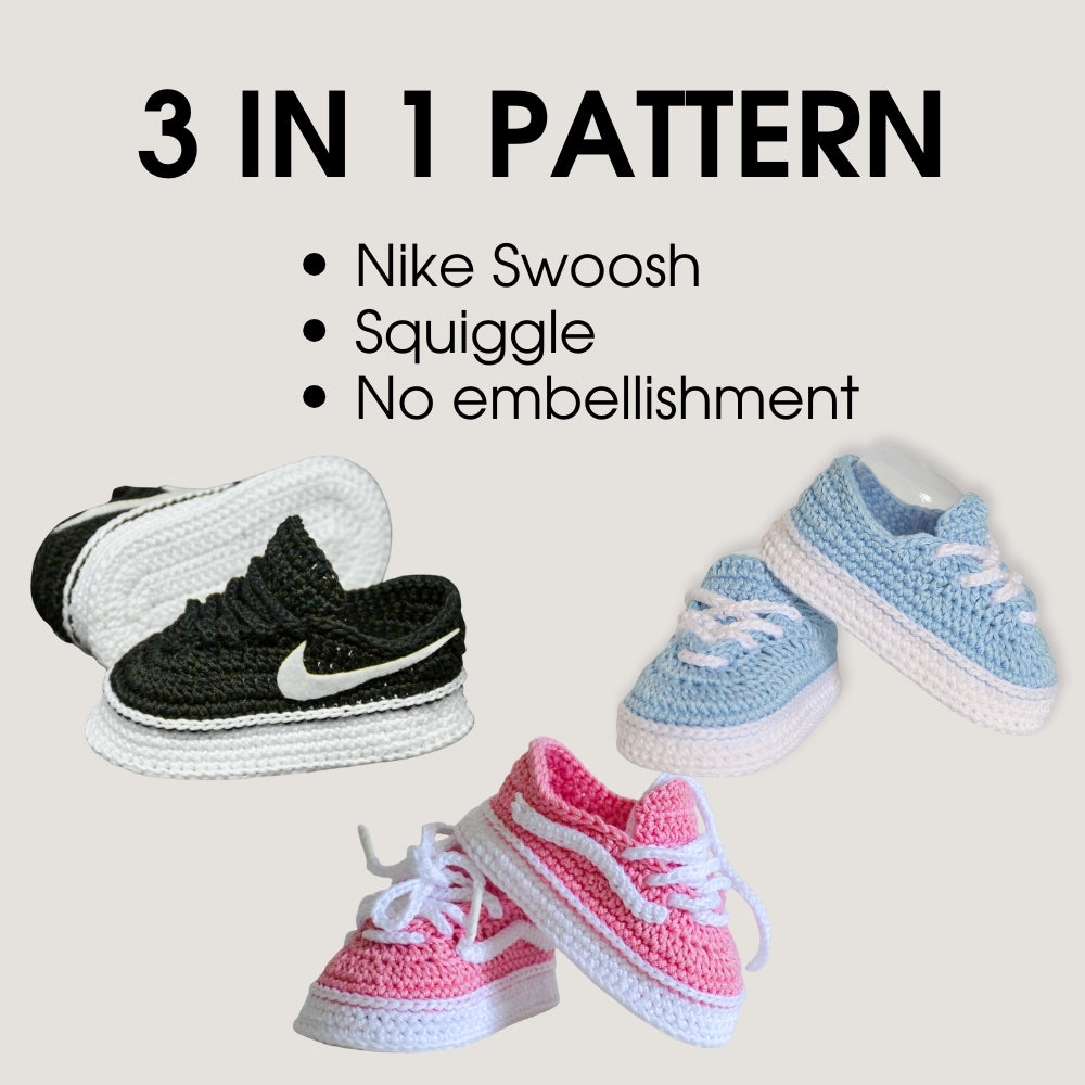 Collage: 3 in 1 crochet baby sneakers pattern — Nike Swoosh, wave line, and no embellishment