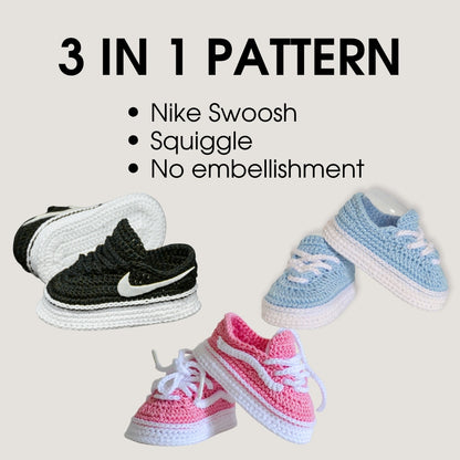Collage: 3 in 1 crochet baby sneakers pattern — Nike Swoosh, wave line, and no embellishment