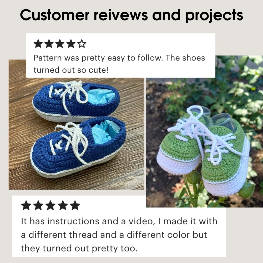 Customer reviews — blue and green crochet baby sneakers, finished handmade projects