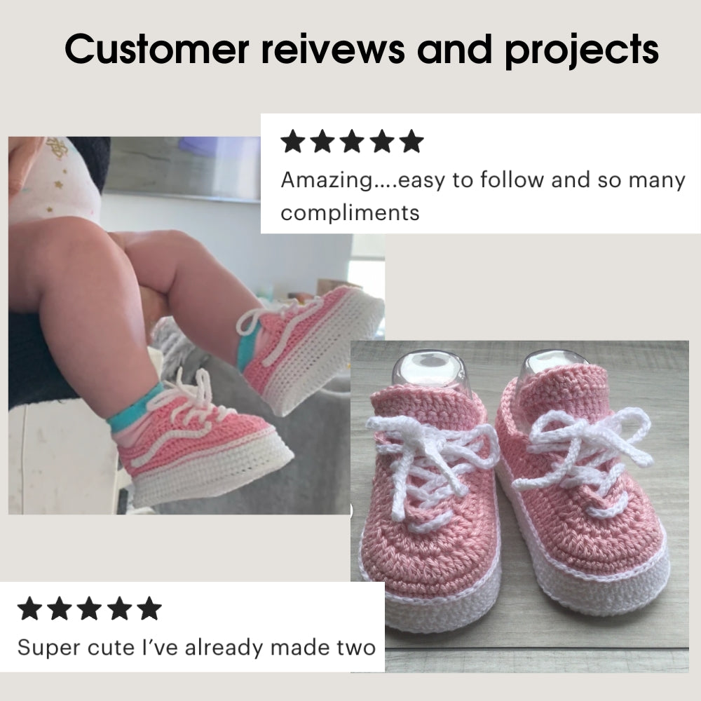 Customer reviews — pink crochet baby sneakers on baby's feet and displayed on table