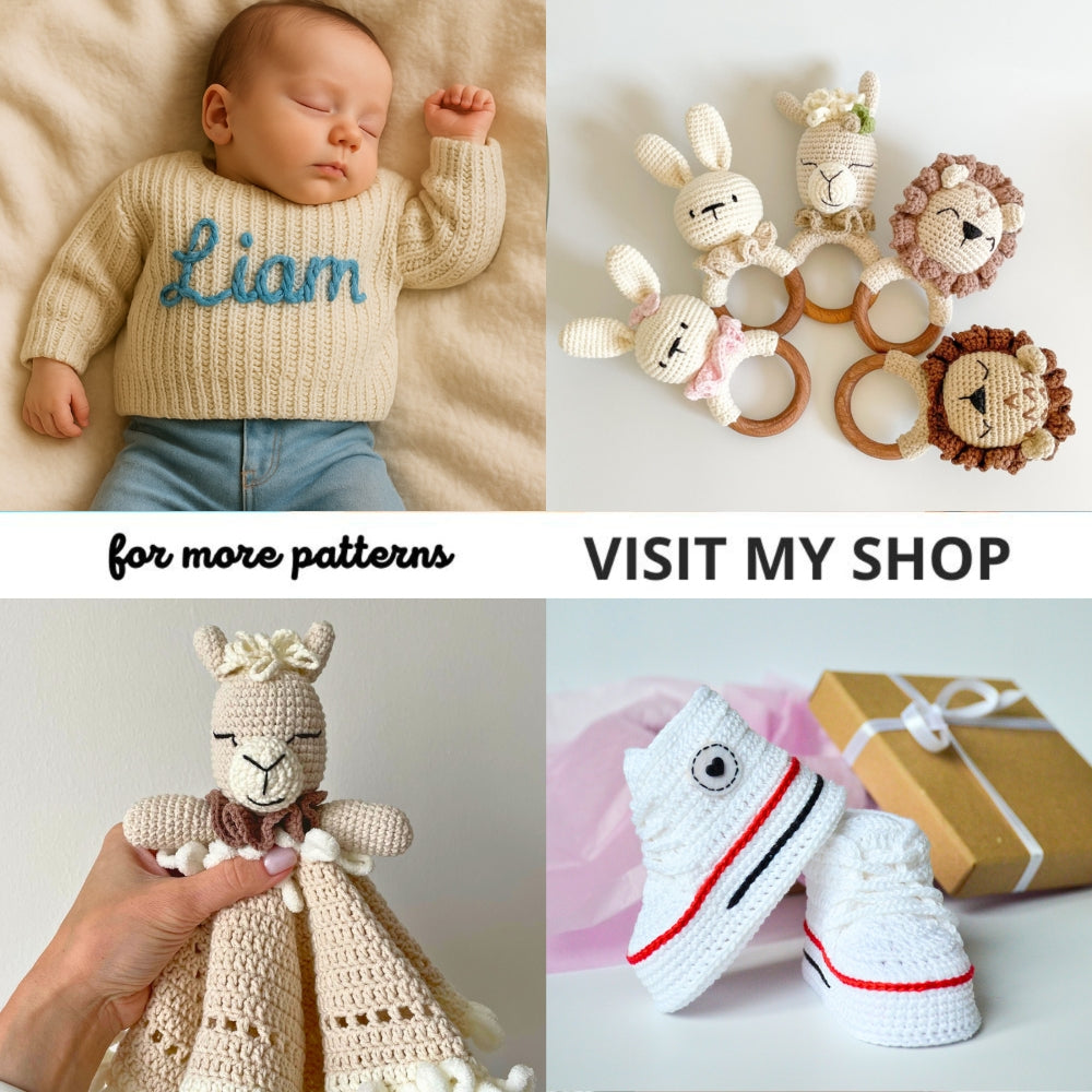 Collage of crochet baby shoes and handmade items — visit my shop
