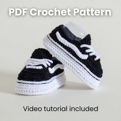 Black and white crochet baby sneakers pattern PDF with video tutorial — handmade newborn booties design