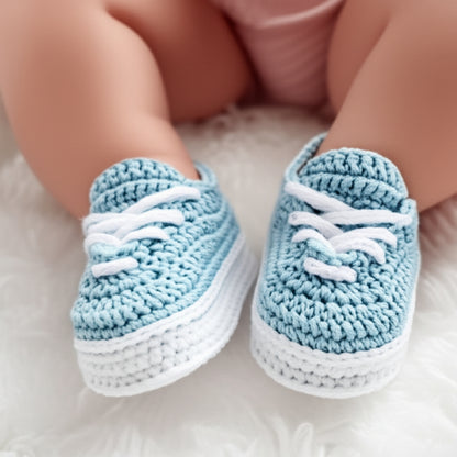 Crochet baby sneakers worn by newborn — step-by-step pattern and tutorial