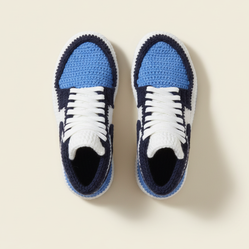 Pair of blue and white crocheted shoes on a light beige background
