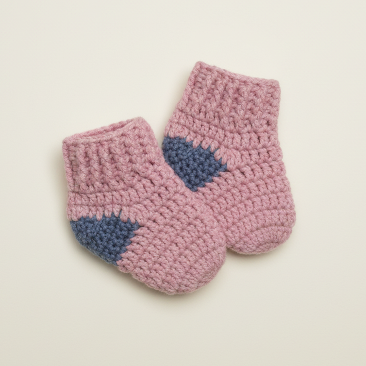 Pair of pink crochet baby socks with blue accents on a beige background