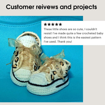 Customer project photo – leopard print crochet baby shoes with 5 star review
