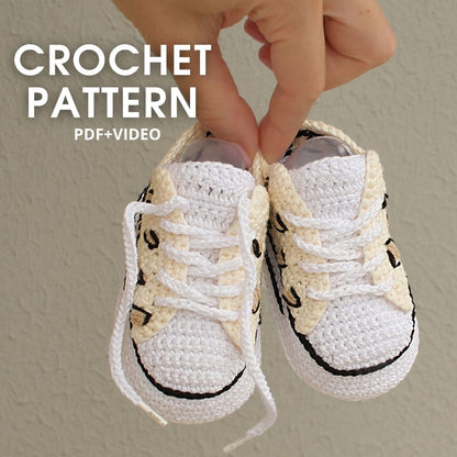 Handmade crochet baby sneakers pattern PDF with video tutorial – leopard print design for newborn gift