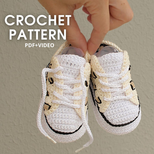 Handmade crochet baby sneakers pattern PDF with video tutorial – leopard print design for newborn gift