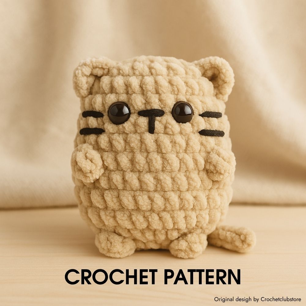 Fluffy Cat Crochet Pattern – seamless plush toy with video tutorial, soft beige background.
