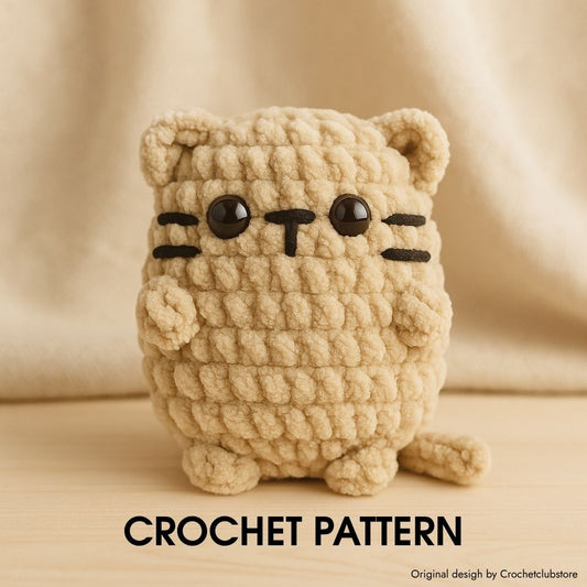 Fluffy Cat Crochet Pattern – seamless plush toy with video tutorial, soft beige background.