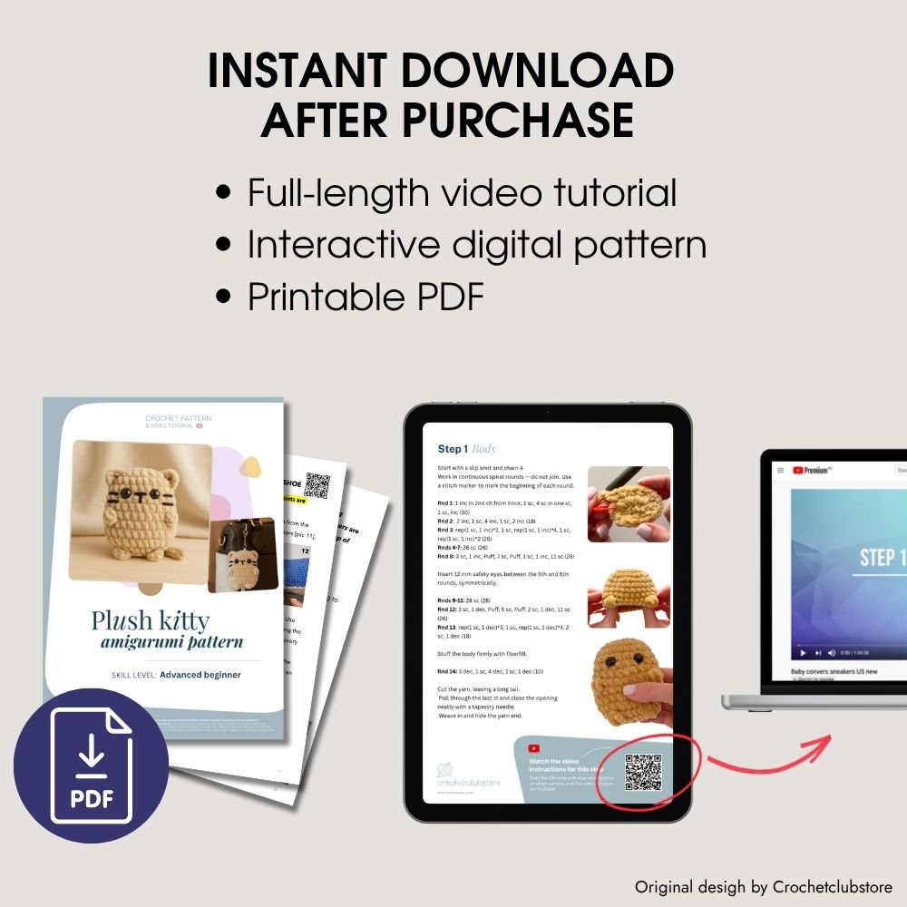 Tablet and phone showing Fluffy Cat PDF pattern – instant download, printable version.