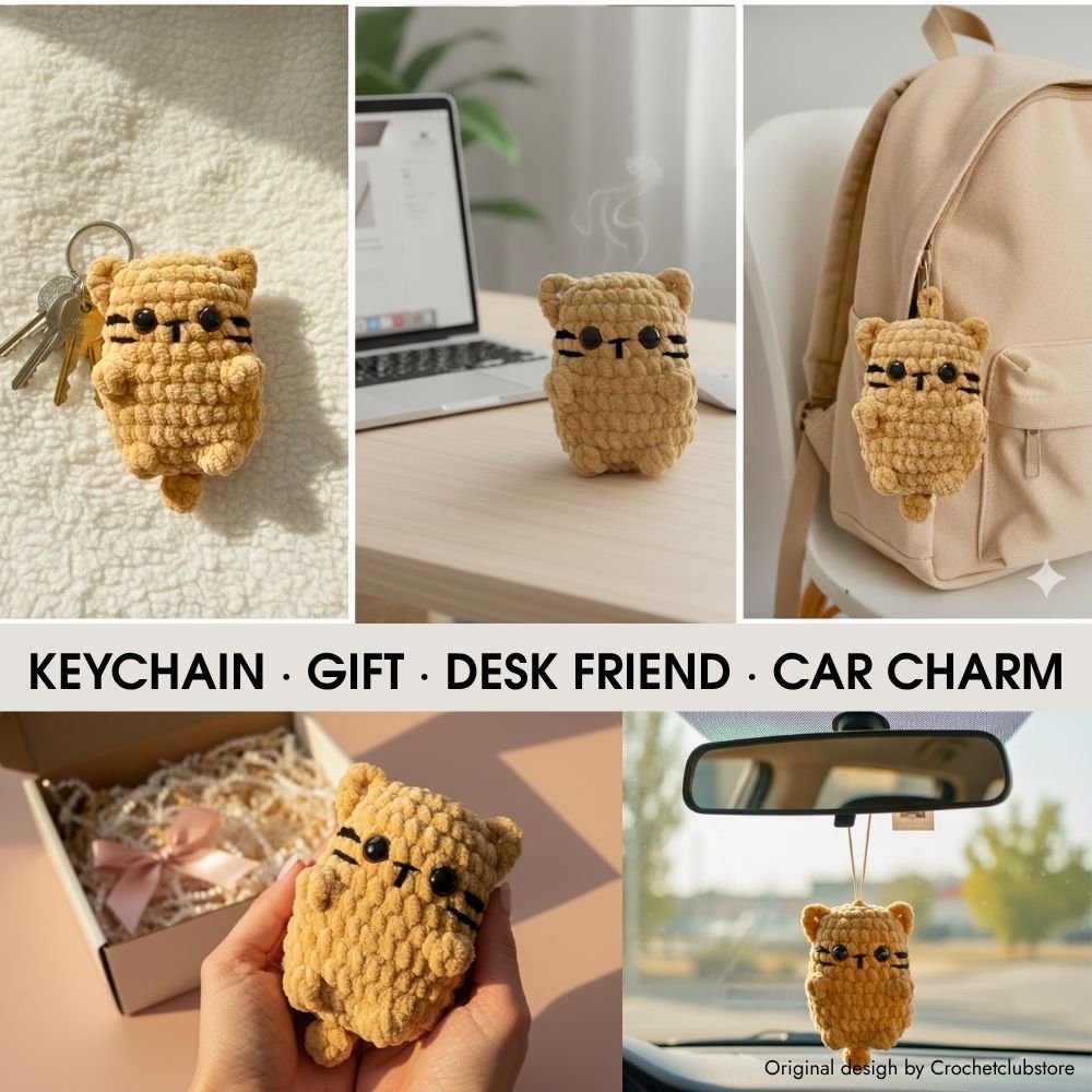  Mini plush cat keychain and gift – cute handmade crochet project, cozy desk decor.