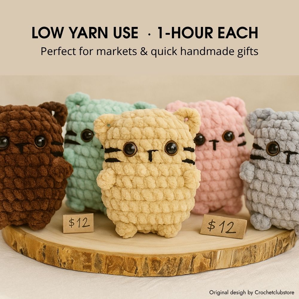Several plush crochet cats on market table – 1-hour pattern using low yarn, gift idea.