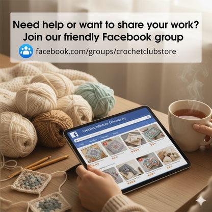 Flatlay with yarn, tea and tablet – join Crochetclubstore Facebook group for support.
