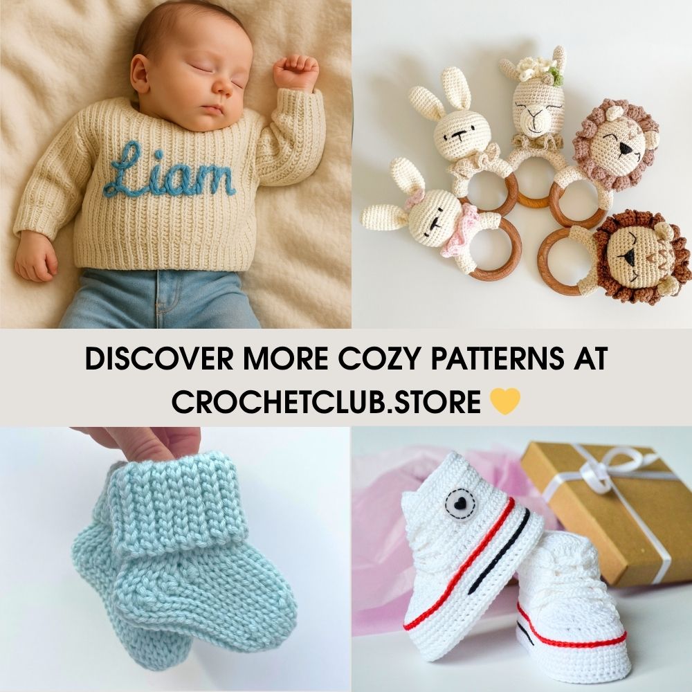 Collage of Crochetclubstore patterns – Fluffy Cat, Lovey, Booties, Bags, cozy beige style.
