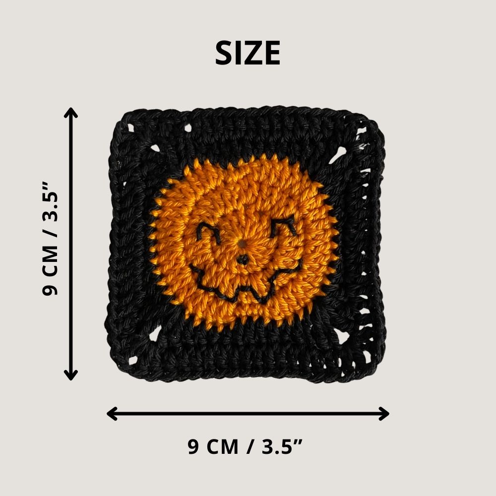 Crochet pumpkin square with size label 9 cm or 3.5 inches, Halloween style on neutral background