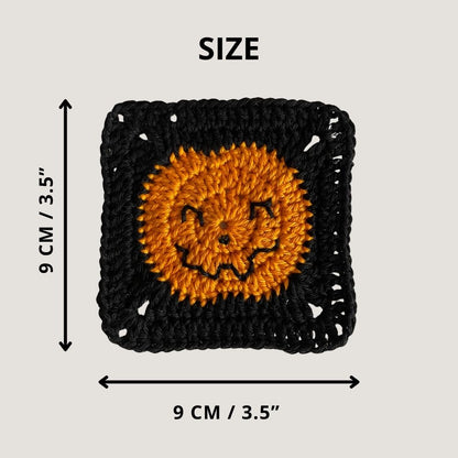 Crochet pumpkin square with size label 9 cm or 3.5 inches, Halloween style on neutral background