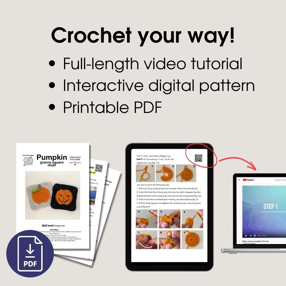 Digital crochet pattern preview with PDF pages, step-by-step tutorial, and video support