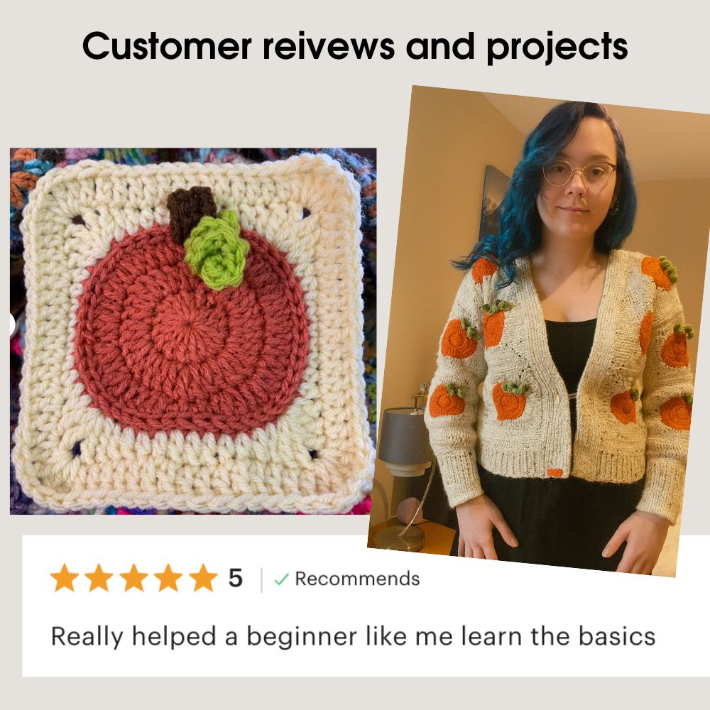 Customer review of crochet pumpkin pattern with cardigan made using pumpkin granny squares