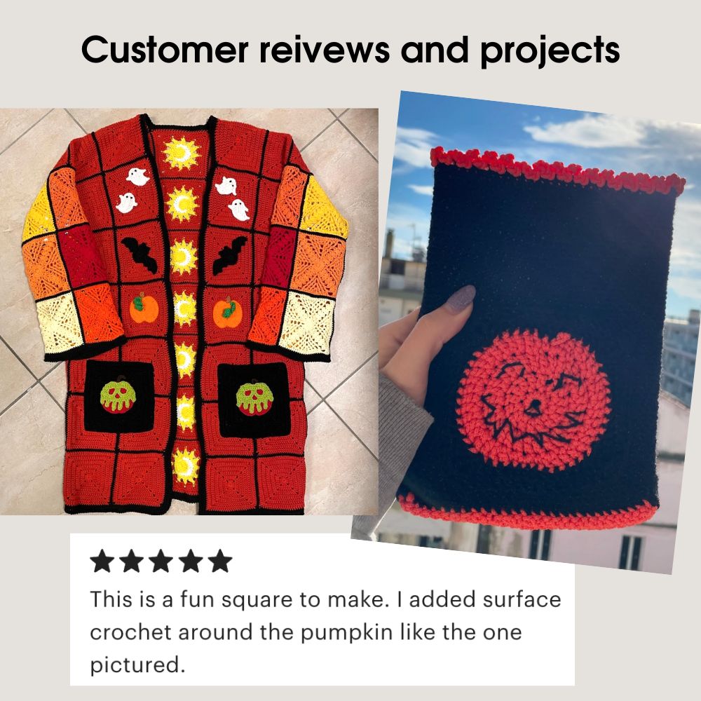 Handmade crochet cardigan and pouch with Halloween pumpkin squares, shown in customer review