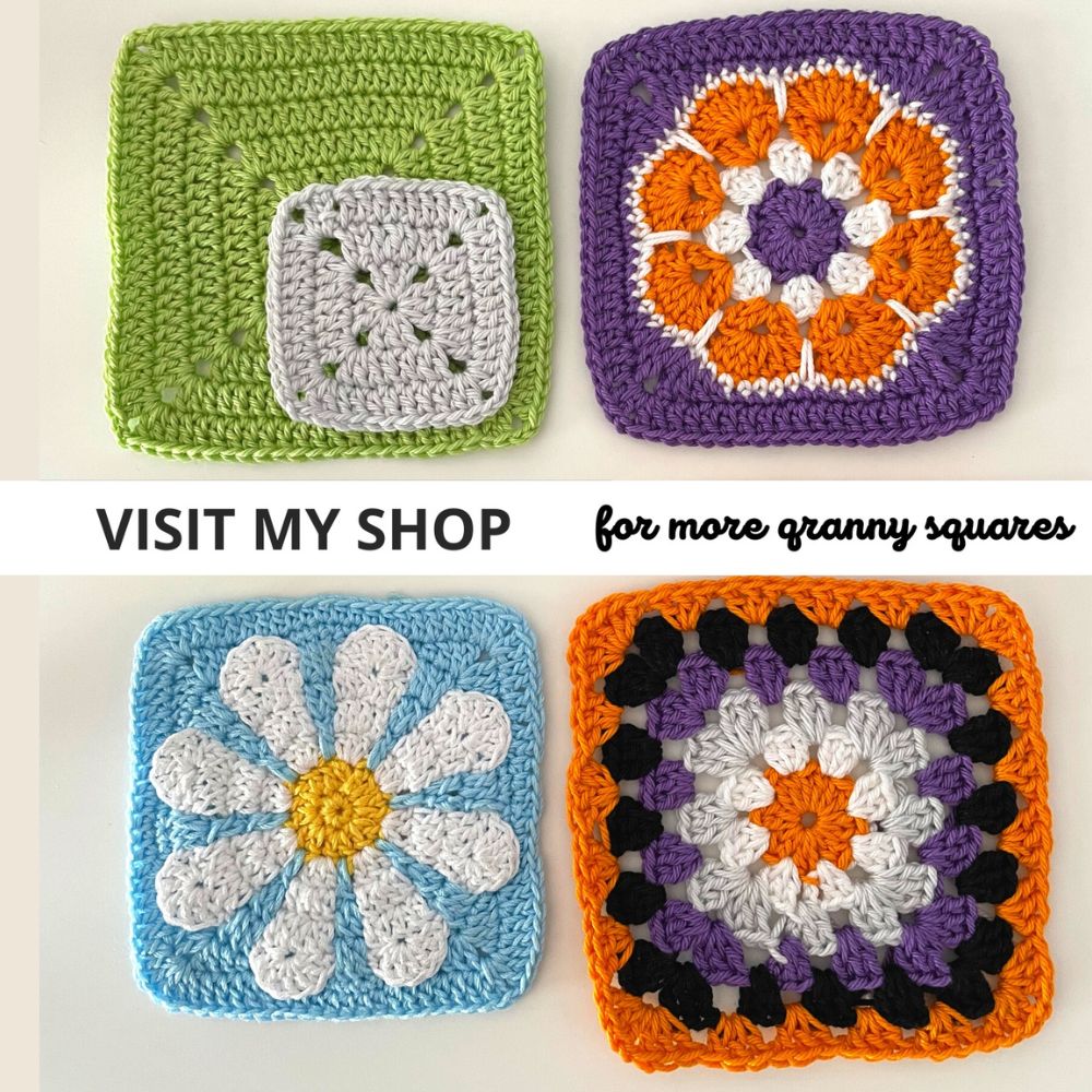 Colorful crochet granny squares with text Visit My Shop for more granny square patterns