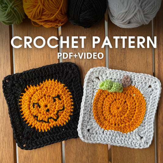 Crochet pumpkin granny squares in Halloween and rustic style with yarn balls – PDF pattern and video tutorial