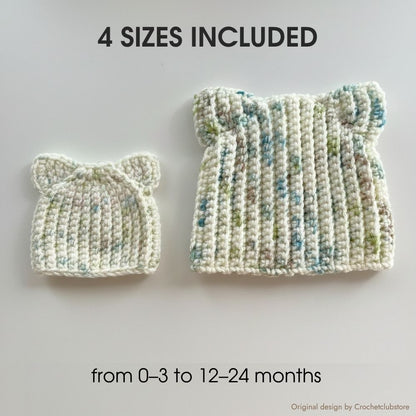 Four crochet baby cat ear beanies showing all sizes from newborn to toddler